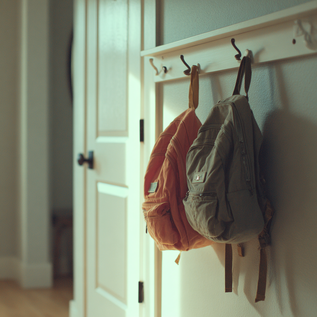 Two backpacks hanging on hooks